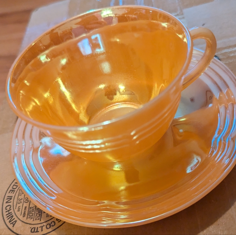 Fire King Peach Lustre 3 Bands Cup And Saucer Set Anchor Hocking VINTAGE w/Stand